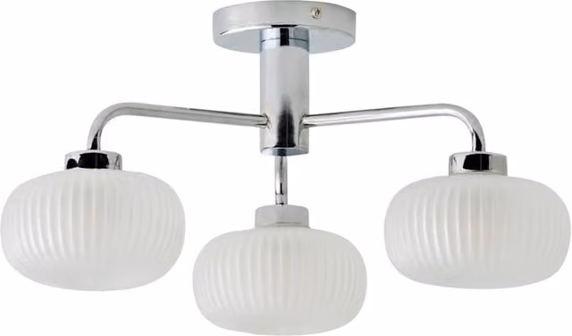 ValueLights Amaia 3 Way IP44 Bathroom Ceiling Light with Ribbed Glass Shades and Bulbs in Silver