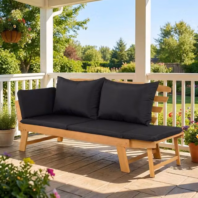 Costway Convertible Outdoor Daybed and Patio Sofa Bed with Adjustable Armrests in Black Acacia Wood