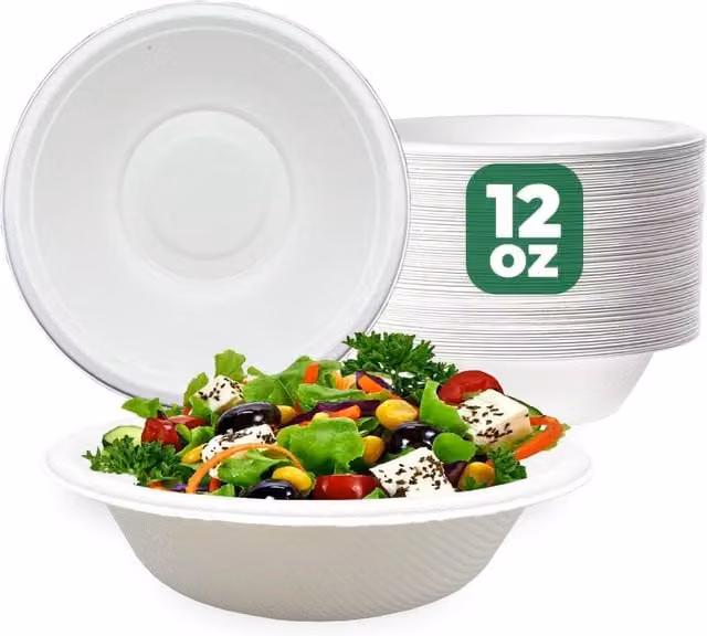 ECONX White Biodegradable Bagasse Salad Bowls, 12oz, Microwave Safe