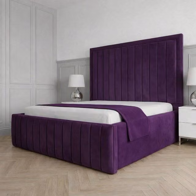 Living Comfort Bedz Sovereign Plush Velvet Upholstered Double Bed with Slatted Base and 48 Inch Headboard in Purple