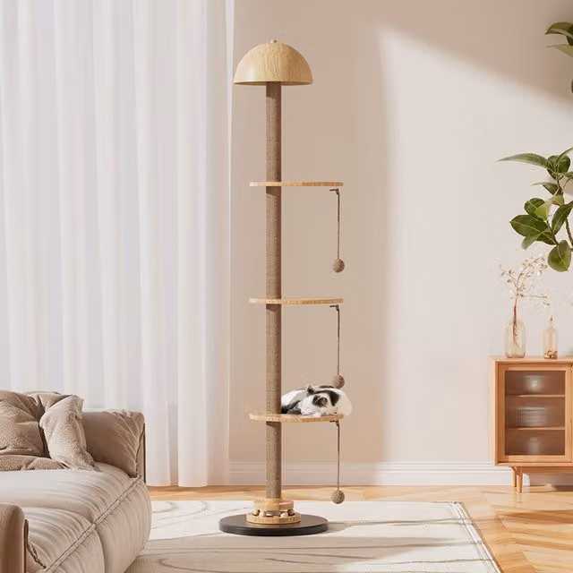 Livingandhome 2-in-1 Cat Climbing Floor Lamp with Sisal Post and Toys, Brown