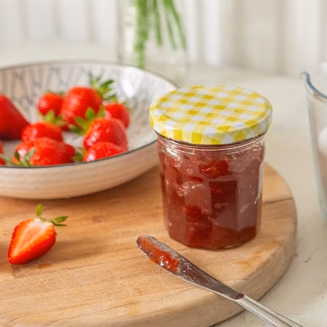 Argon Tableware Glass Jam Jars with Yellow Gingham Screw Lids, 250 ml, Pack of 24