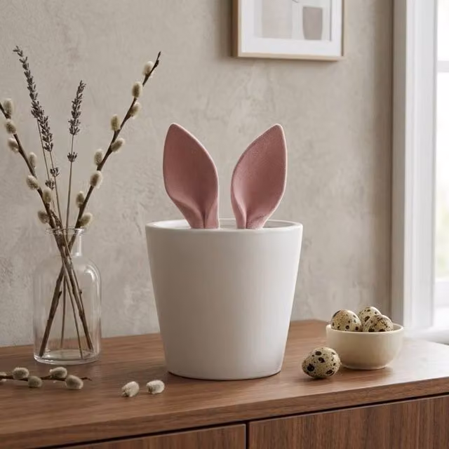 Garden Greatness Springtime Flocked Bunny Ears Planter Pot in Pink, White and Multicolour, W/D/H: 24 x 24 x 16 cm