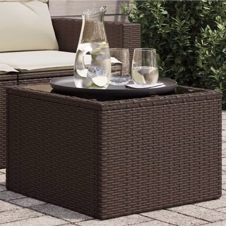 Berkfield Home Brown Poly Rattan Garden Table with Glass Top, W/D/H: 55 x 55 x 37 cm