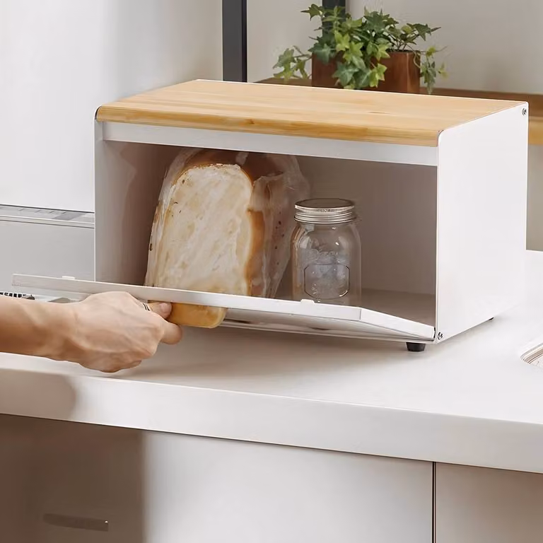 PAWNORA Dual Open Bread Bin in White Metal and Bamboo