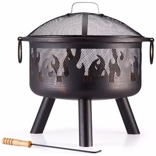 VonHaus Black Bronzed Steel Fire Pit Bowl with Flame Design, Fire Poker and Mesh Guard, W/D/H: 54.5 x 54.5 x 54.5 cm