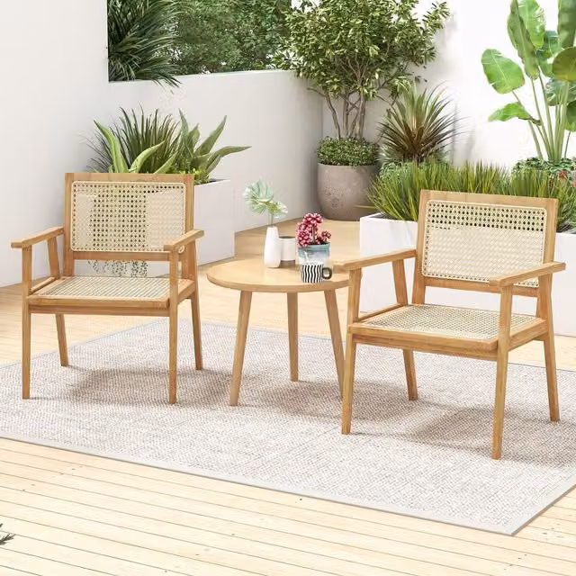 Costway Modern Brown Teak Outdoor Dining Chair with Armrests and UV-Resistant Fabric