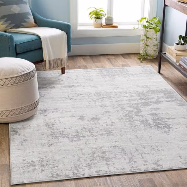 Livabliss Monaco Abstract Modern Marble Round Wool Rug in Grey and Blue, Diameter: 160 cm