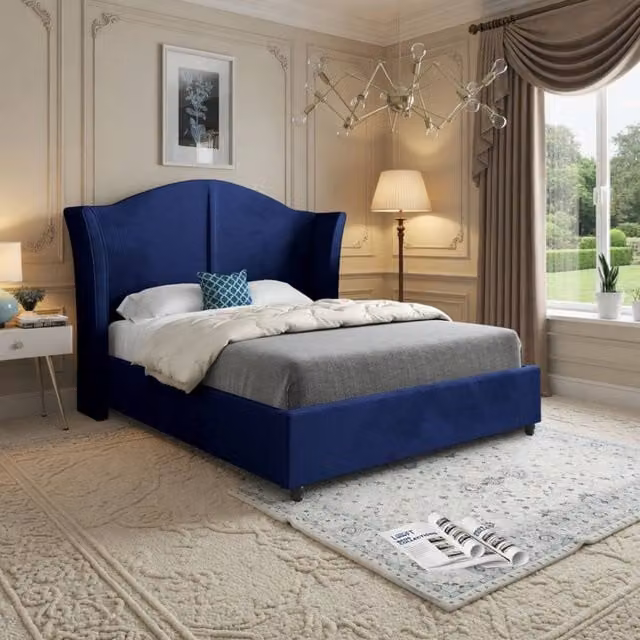 KDMD Wiggonholt Single Curved Winged Bed Frame in Blue Soft Velvet