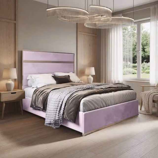 KDMD Horringer King Size Designer Bed Frame in Pink Soft Velvet and Metal, W/D/H: 180 x 137 x 189 cm