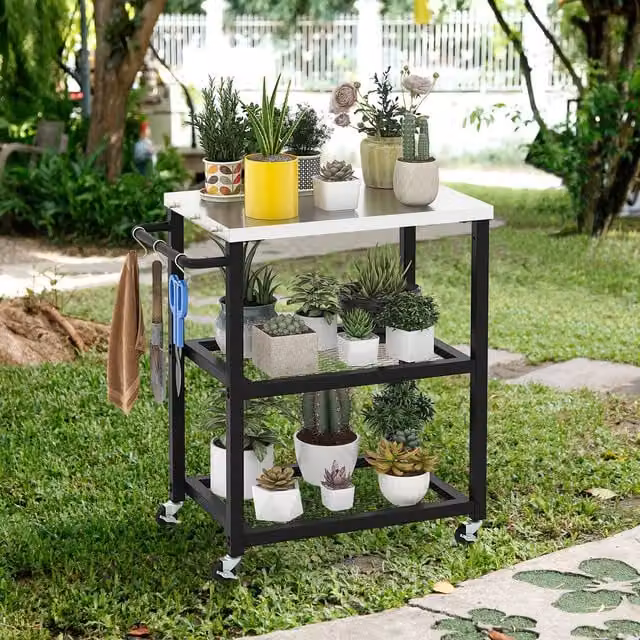COSTWAY 3-Tier Modern Metal Outdoor Grill Cart on Wheels in Matt Black