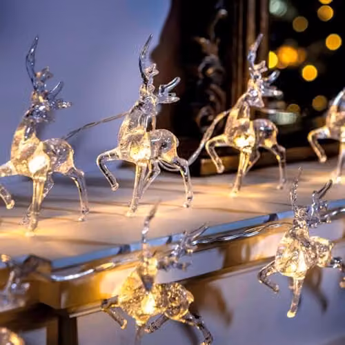 mysmartbuy Set of 10 Battery Powered LED Reindeer String Lights in Transparent White with Warm White Glow