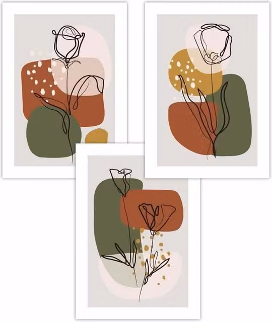 ARTZE Set of 3 Boho Autumn Floral Line Art Posters in Green and Yellow, W: 59 cm, H: 84 cm
