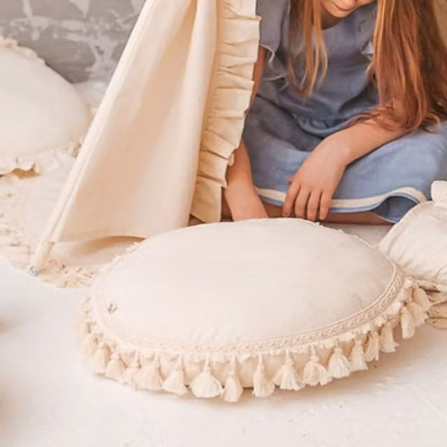 MiniCamp Round Tassel Throw Cushion in Ecru