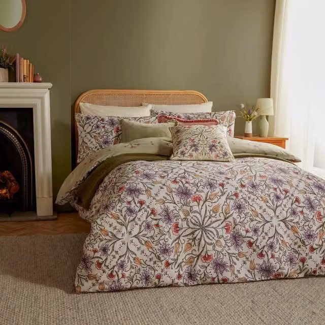Make It A Home Reversible Floral Cotton Duvet Cover Set, Multicolour and Green, 140 x 200 cm