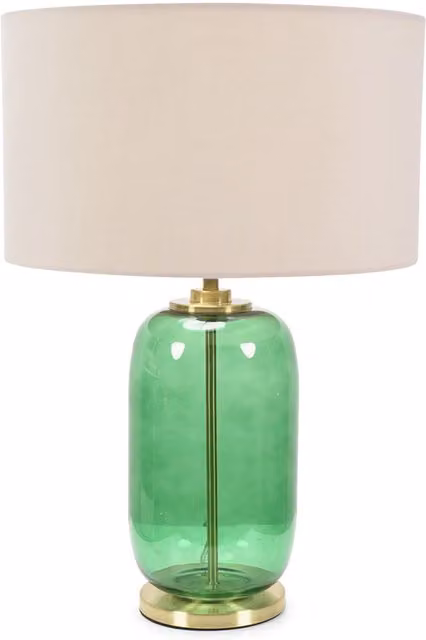 ValueLights Forest Green Glass Table Lamp with Leigh Fabric Drum Shade and Gold Trim