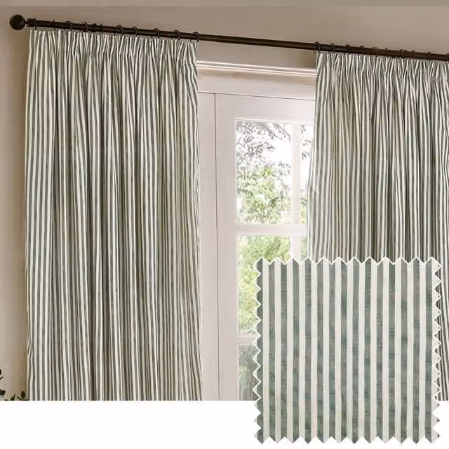 Make It A Home Hebden Striped Cotton Pencil Pleat Curtain Pair in Green, Width: 168 cm, Height: 229 cm