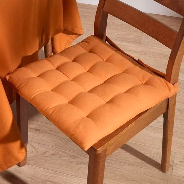 Homescapes Solid Cotton Square Seat Pad with Button Straps in Orange