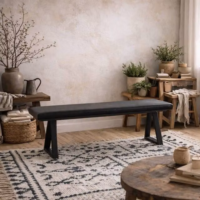 Wyld Haus Balbriggan Black Faux Leather Bench W: 180 cm, D: 34 cm, H: 45 cm