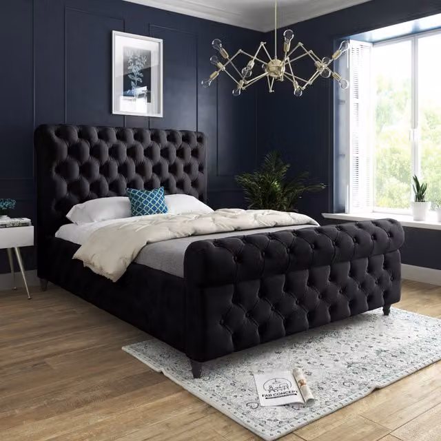 Nestling Sleigh Upholstered Velvet Bed Frame in Black, Small Single, W/D/H: 80 x 190 cm