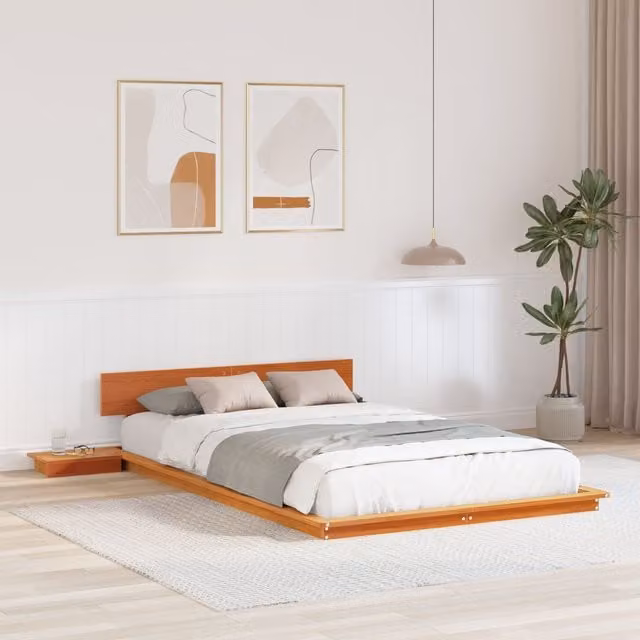 Berkfield Home Wax Brown Solid Wood Floor Bed Frame with Bedside Shelves, W/D/H: 140 x 190 x 41.5 cm