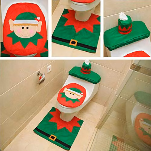 Shatchi Christmas Elf 3-Piece Bathroom Set with Toilet Lid Cover, Tank Cover and Non-Slip Bath Mat in Green and White