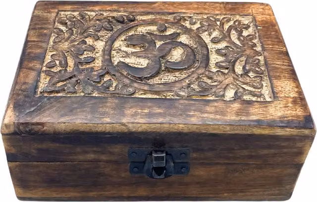 KDMD Medium Wooden Om Keepsake Box with Lid, Brown, W: 15 cm, D: 10 cm, H: 6 cm