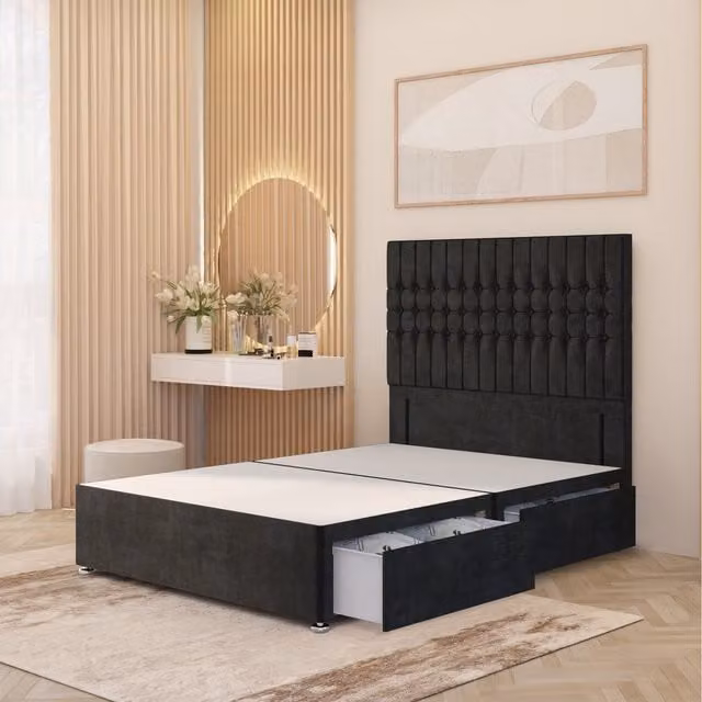 Somnior Beds Ltd Lexington Divan Bed Base with 54 inch Floor Standing Headboard in Black Plush Velvet, King Size, W/D/H: 150 x 200 cm