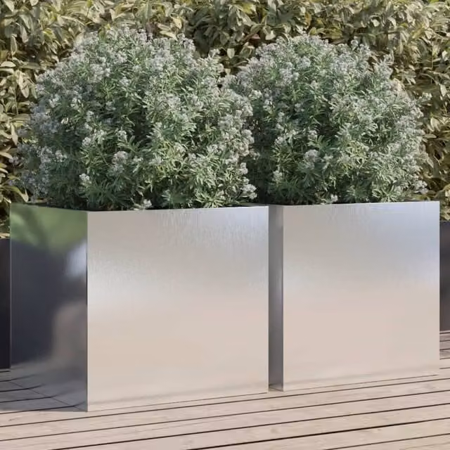 Berkfield Home Stainless Steel Ornamental Garden Planter Tubs, 2 Pieces, Silver, W: 49 cm, D: 47 cm, H: 46 cm