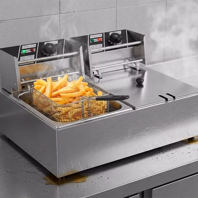 Nordara 20L 5000W Commercial Dual Zone Electric Deep Fryer in Silver Stainless Steel