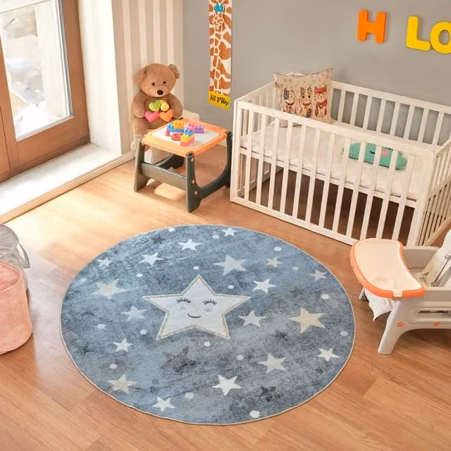 Livabliss Lilian Washable Kids Star Pattern Rug in Blue, Grey, Beige and Yellow, W: 140 cm, D: 200 cm