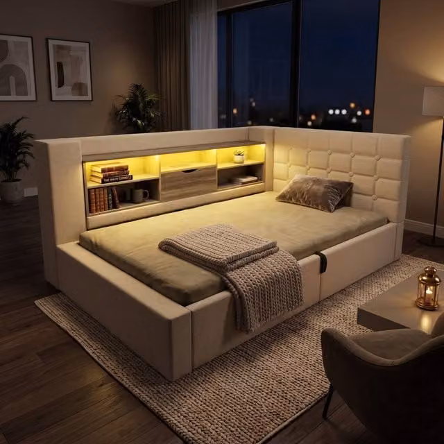 FENCHILIN Upholstered Single LED Daybed Frame with Hydraulic Storage and USB Charging Station in Beige, W/D/H: 90 x 200 cm