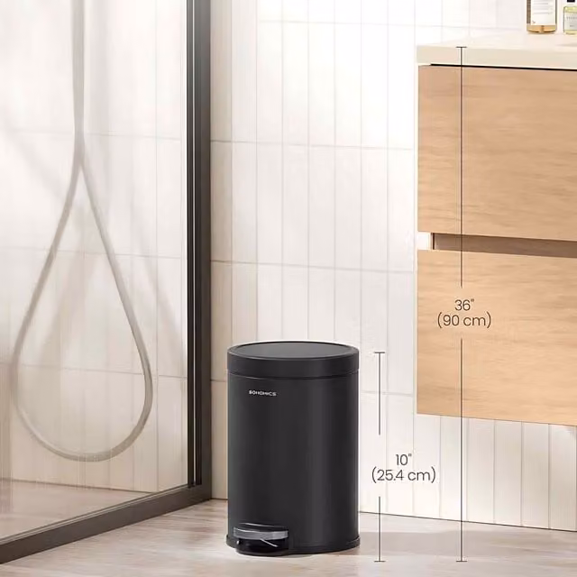 The Bazaarist Steel Bathroom Pedal Bin with Soft Close and Removable Inner Bucket, Ink Black, H: 25.4 cm, W: 17.3 cm, D: 17.3 cm