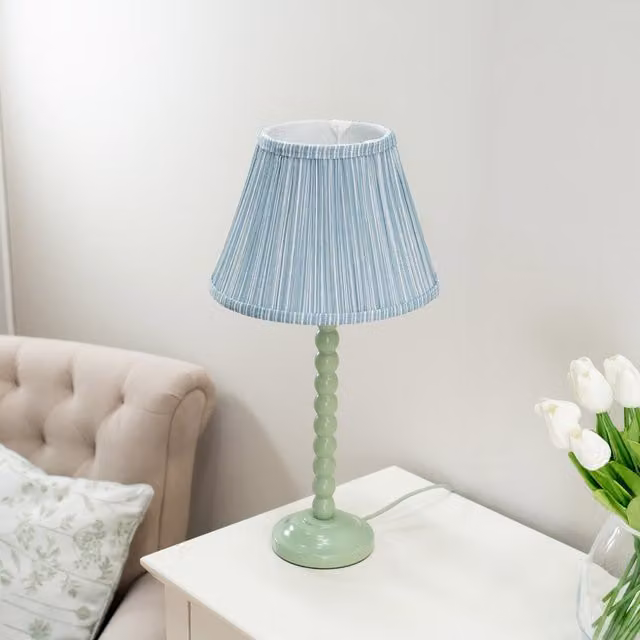 Bobbins Sage Green and Blue Table Lamp with Tapered Fabric Pleated Shade