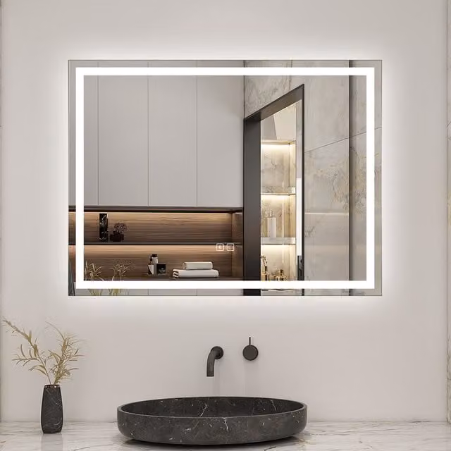 AicaBathroom White Rectangular LED Bathroom Mirror with Bluetooth Speaker and Socket, Width: 80 cm