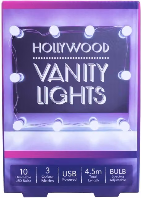 Fizz Creations Hollywood Vanity LED String Lights, White, Dimmable and Adjustable Battery Powered Mirror Lights