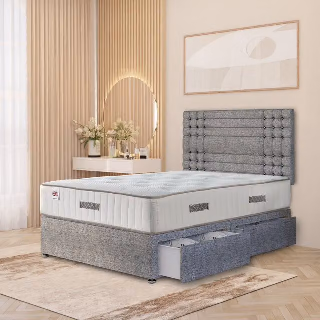 Somnior Beds Ltd Saville Tweed Fabric Divan Bed Set with 32 inch Headboard and Orthopaedic Mattress, Grey, W/D/H: 90 x 190 cm