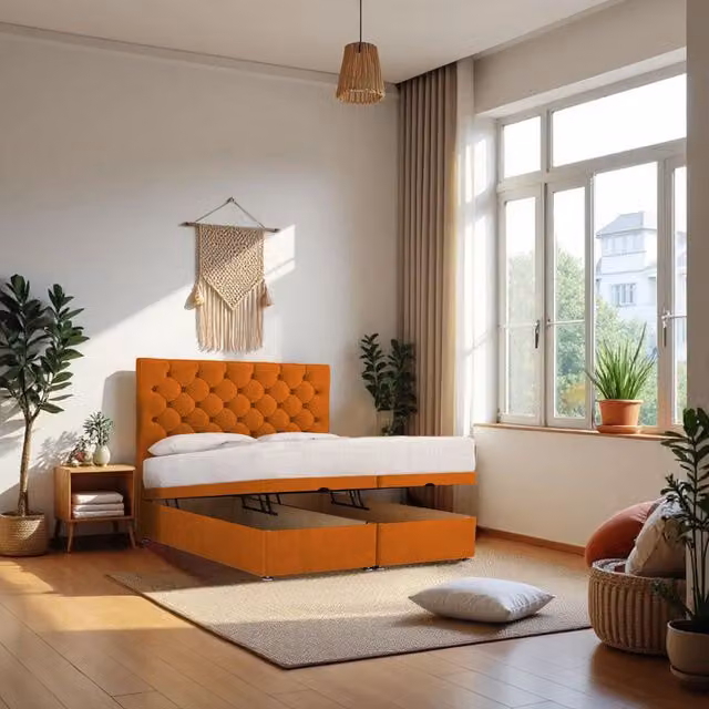 Knight Sleep Athens Super King Ottoman Bed with Hybrid Mattress and 24 inch Headboard in Mustard Yellow