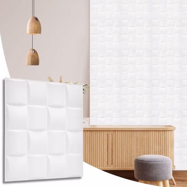 NOVECRAFTO Matte White 3D Wall Panels with Square Grid Lattice Geometric Design, W/D/H: 50 x 50 x 0.25 cm
