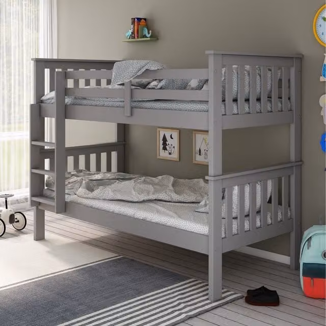 Bedmaster Carra Grey Solid Wood Single Bunk Bed with Two Mattresses, W/D/H: 90 x 190 cm