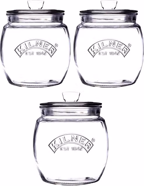 Kilner Set of 3 Airtight and Leakproof Glass Jars with Universal Push-Top Lids, 0.85 l, Transparent