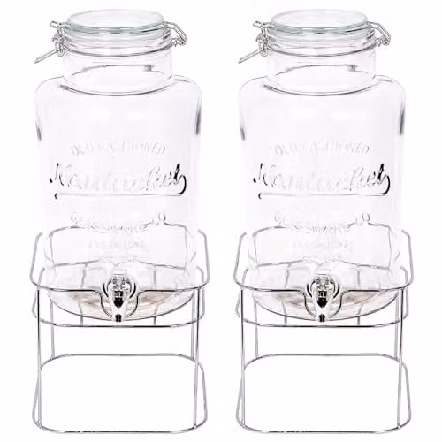 Rink Drink Pack of 2 Glass Drinks Dispensers with Tap and Lid, 6.5 l each, Silver and Transparent