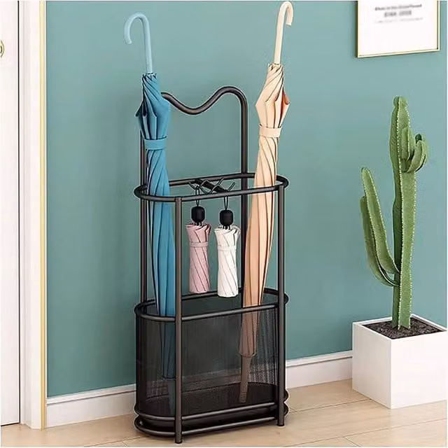 EONLION Black Metal Umbrella Stand Holder and Entryway Storage Rack with Removable Tray, H: 50 cm, W: 30 cm, D: 15 cm