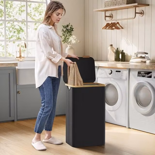 The Bazaarist Laundry Hamper with Lid, Removable Liner and Bamboo Handles, Ink Black, W: 42.0 cm, D: 32.0 cm, H: 70.5 cm