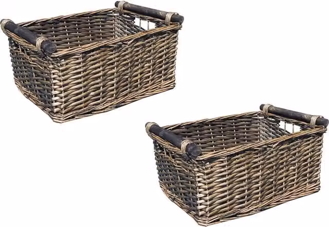 Topfurnishing Set of 2 Brown Rattan Wicker Log and Hamper Storage Baskets with Handles, Diameter: 35 cm
