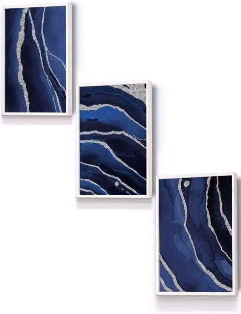 ARTZE Abstract Navy Blue and Silver Strokes Framed Wall Art in White, W: 33 cm, H: 45 cm, D: 2 cm