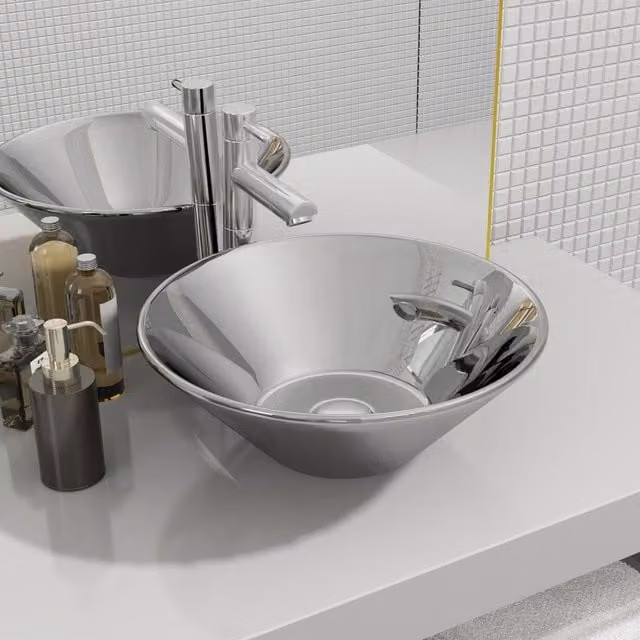 Berkfield Home Ceramic Round Countertop Wash Basin, Silver, W: 42 cm, D: 14 cm