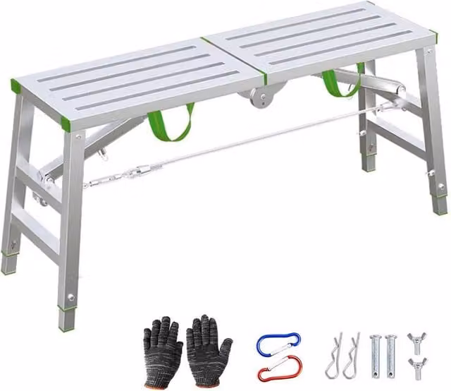 Ventryn Adjustable Steel Hop Up Work Platform Folding Step Ladder in Silver, Height: 140 cm