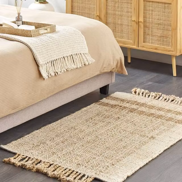 Wyld and Coco Handwoven Jute and Cotton Geometric Area Rug in Beige with Fringes, W/L: 80 x 150 cm