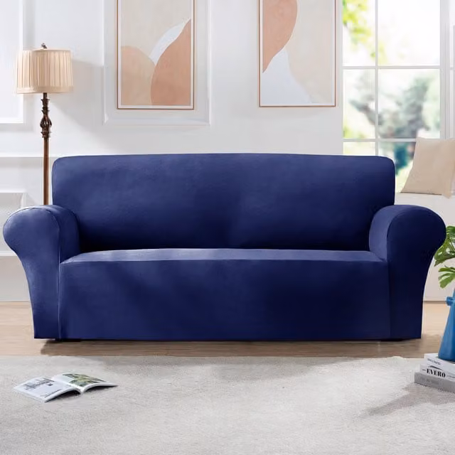 Home Republic Navy Blue Mink Velvet Stretch Sofa Cover for 3 Seater Sofas